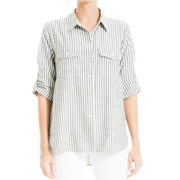 NEW MAX STUDIO White Black Striped Yarn-Dye Button Front Shirt Size XS - Picture 2 of 7